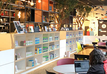Beispielhaftes Bild einer modern und gemütlich ausgestatteten Bücherei.